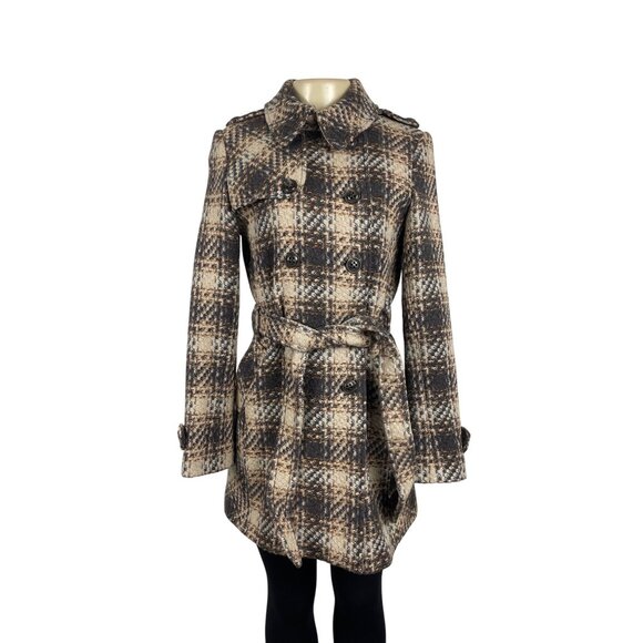 Dkny Women's Gray and Beige Plaid Double Breasted Peacoat Jacket Size 8 - Picture 2 of 14